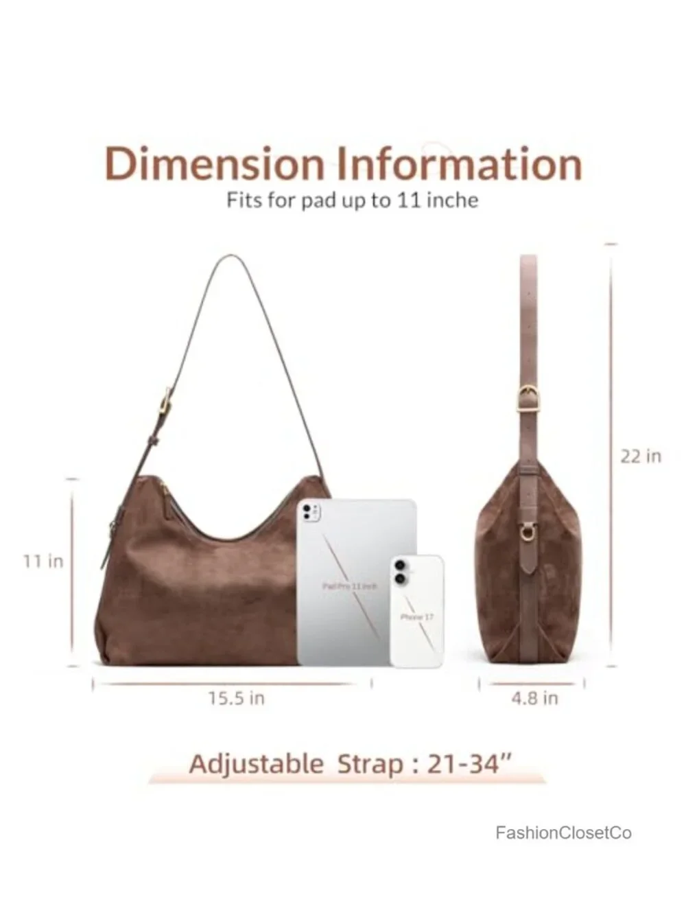 Slouchy Hobo Shoulder Bag with Adjustable Strap 5 Pockets Fits Tablet